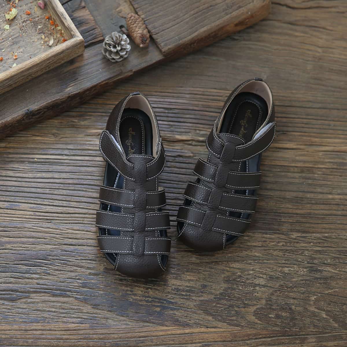 Leather hollowed-out bag head flats summer comfortable soft-soled Roman sandals