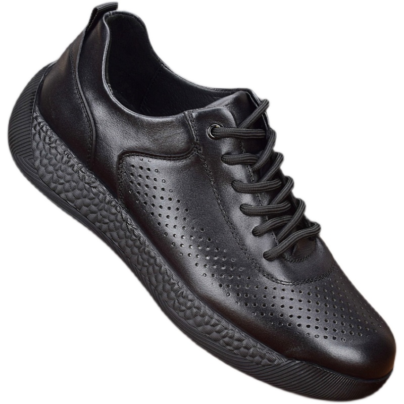 Summer leather breathable hollow first layer cowhide men's sports shoes thick sole lightweight casual running shoes