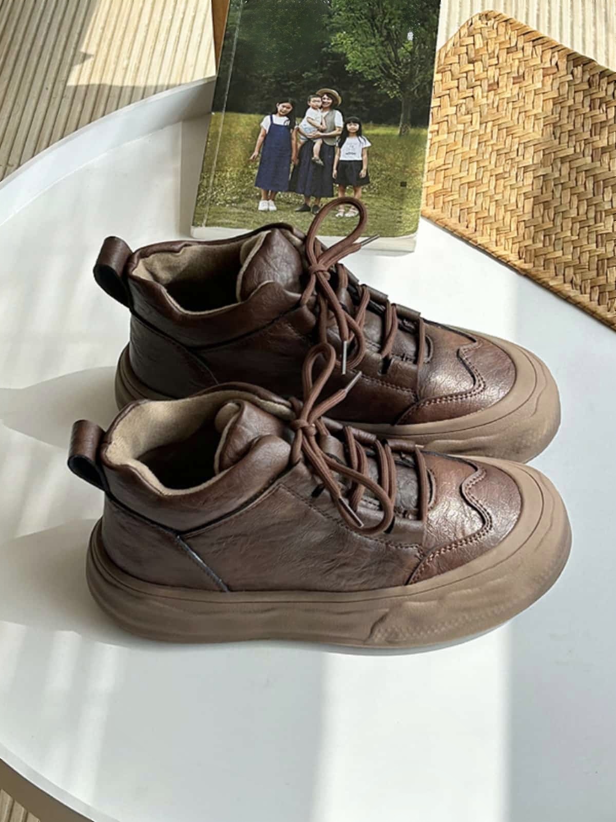 Round head lace-up platform shoes new personality versatile high-top small leather shoes women