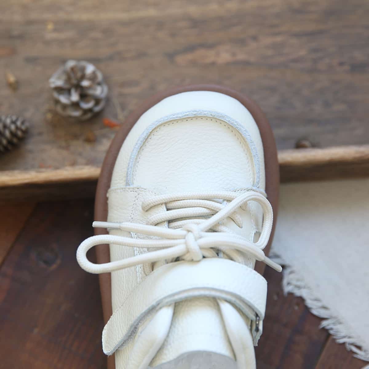 Leather round head lace-up single shoes Velcro low heel soft sole versatile little white shoes