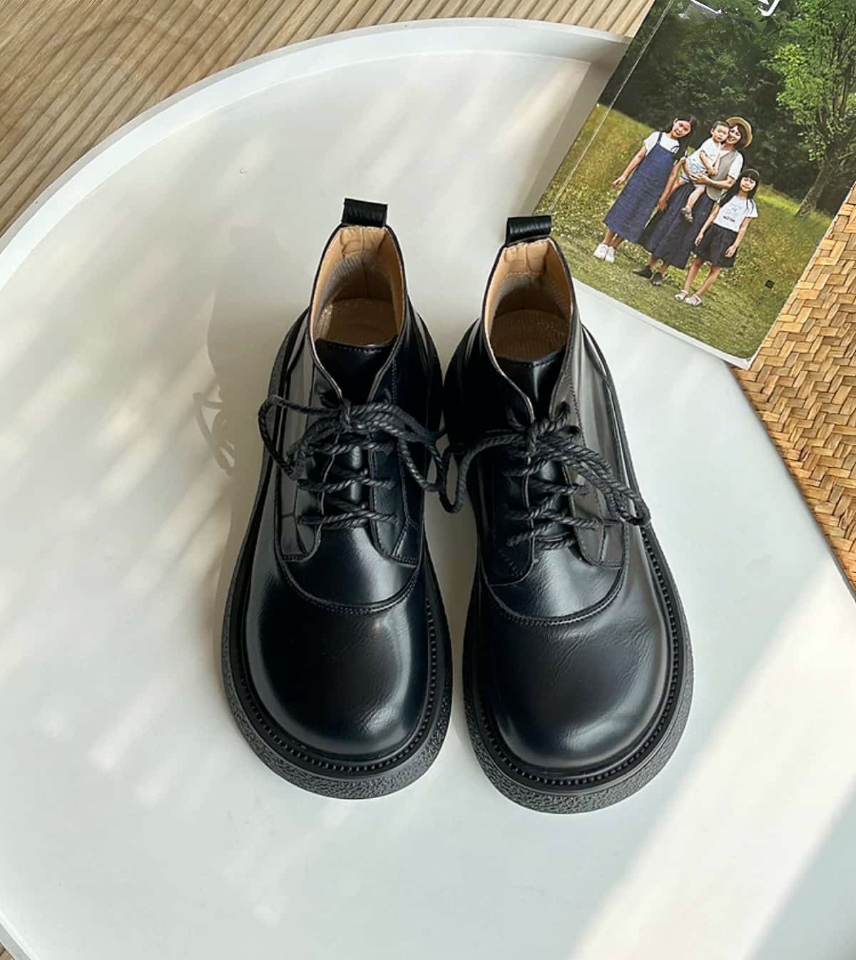 Round head lace-up platform big head shoes short boots autumn black Martin boots small leather shoes women