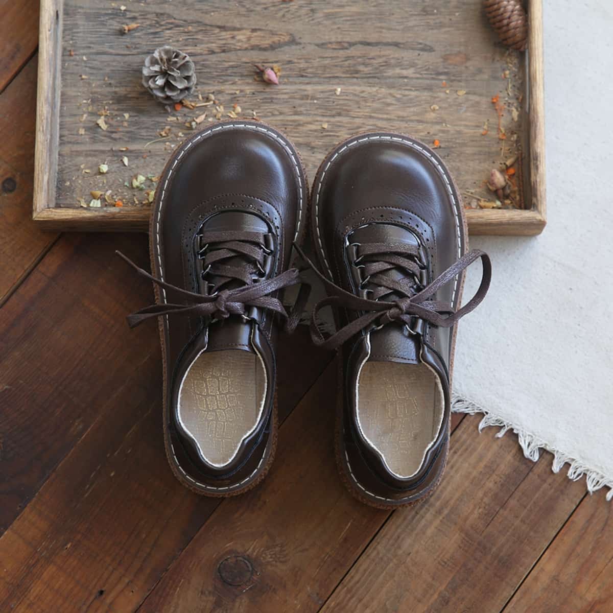 Round head lace-up thick-soled big head shoes Academy style versatile small leather shoes single shoes women