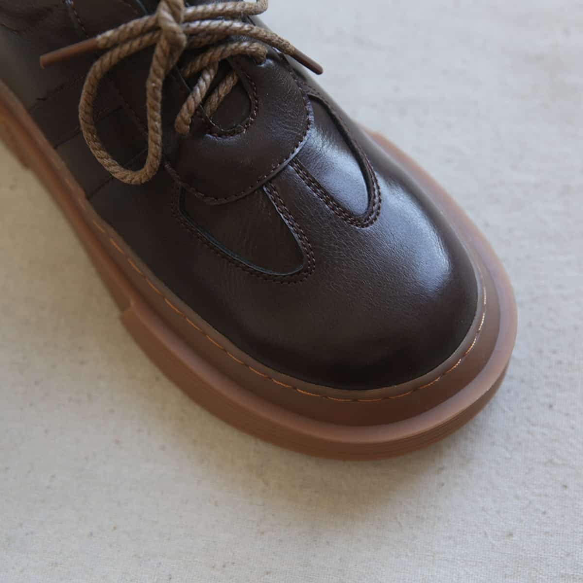 Glossy round head lace-up thick-soled big head shoes versatile small leather shoes single shoes women's autumn