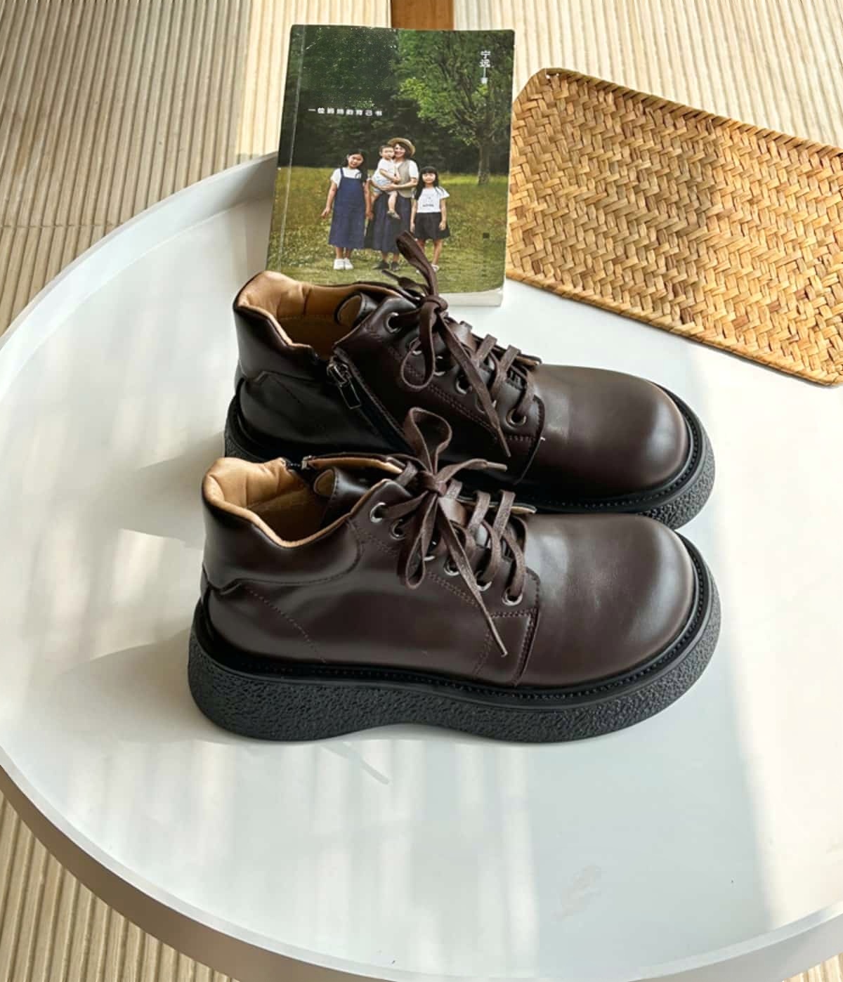 Round head lace-up thick-soled big head Martin boots side zipper versatile medium heel short boots women