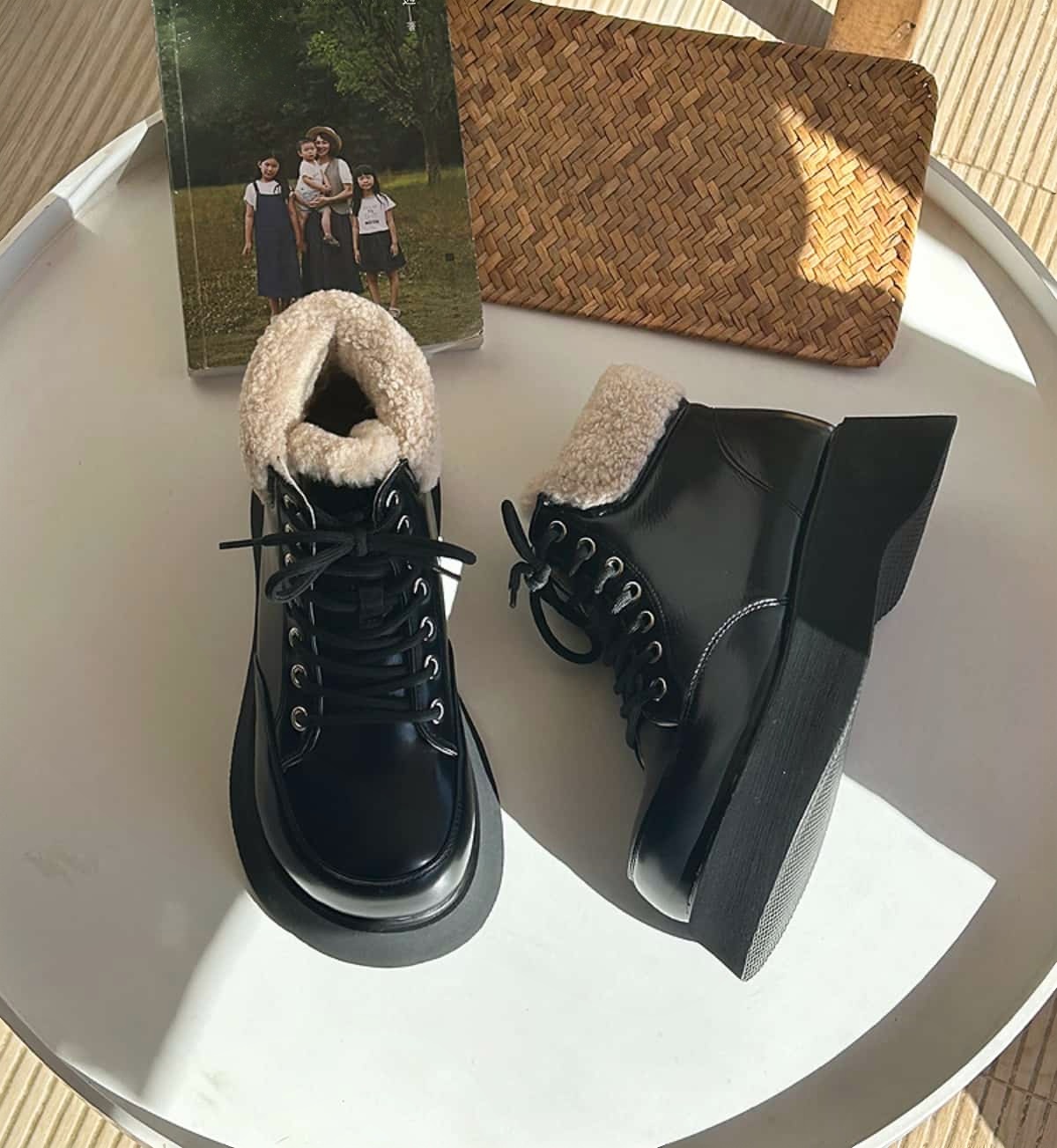 Imitation lamb wool lace-up thick-soled Martin boots winter heightening handsome black short boots