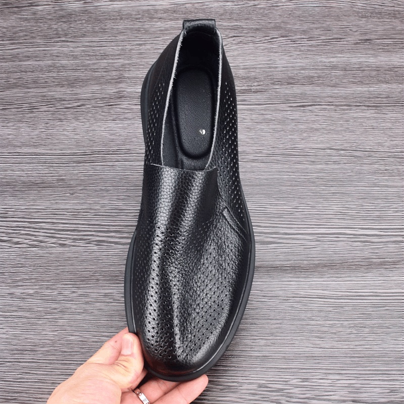 Summer breathable soft cowhide hollow leather shoes men's leather lightweight flat-bottomed hole shoes casual driving shoes