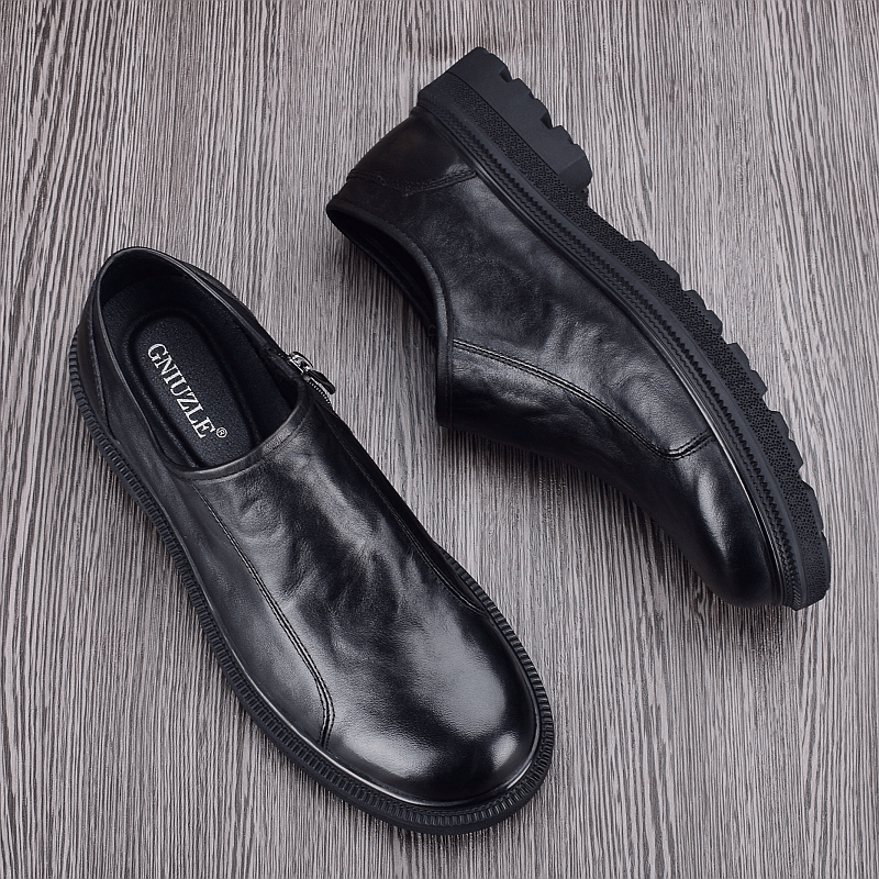 Casual single-layer leather shoes men's leather trend versatile round head platform zipper soft leather business youth single shoes men