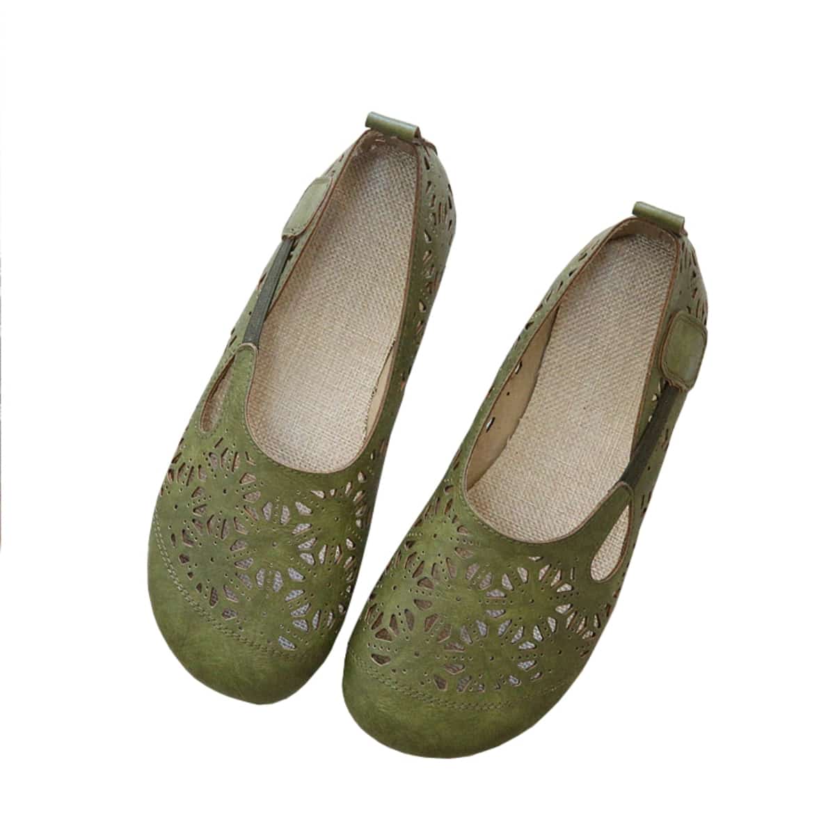 Hollow petal round head flat shoes summer cotton and linen comfortable shallow mouth single shoes women