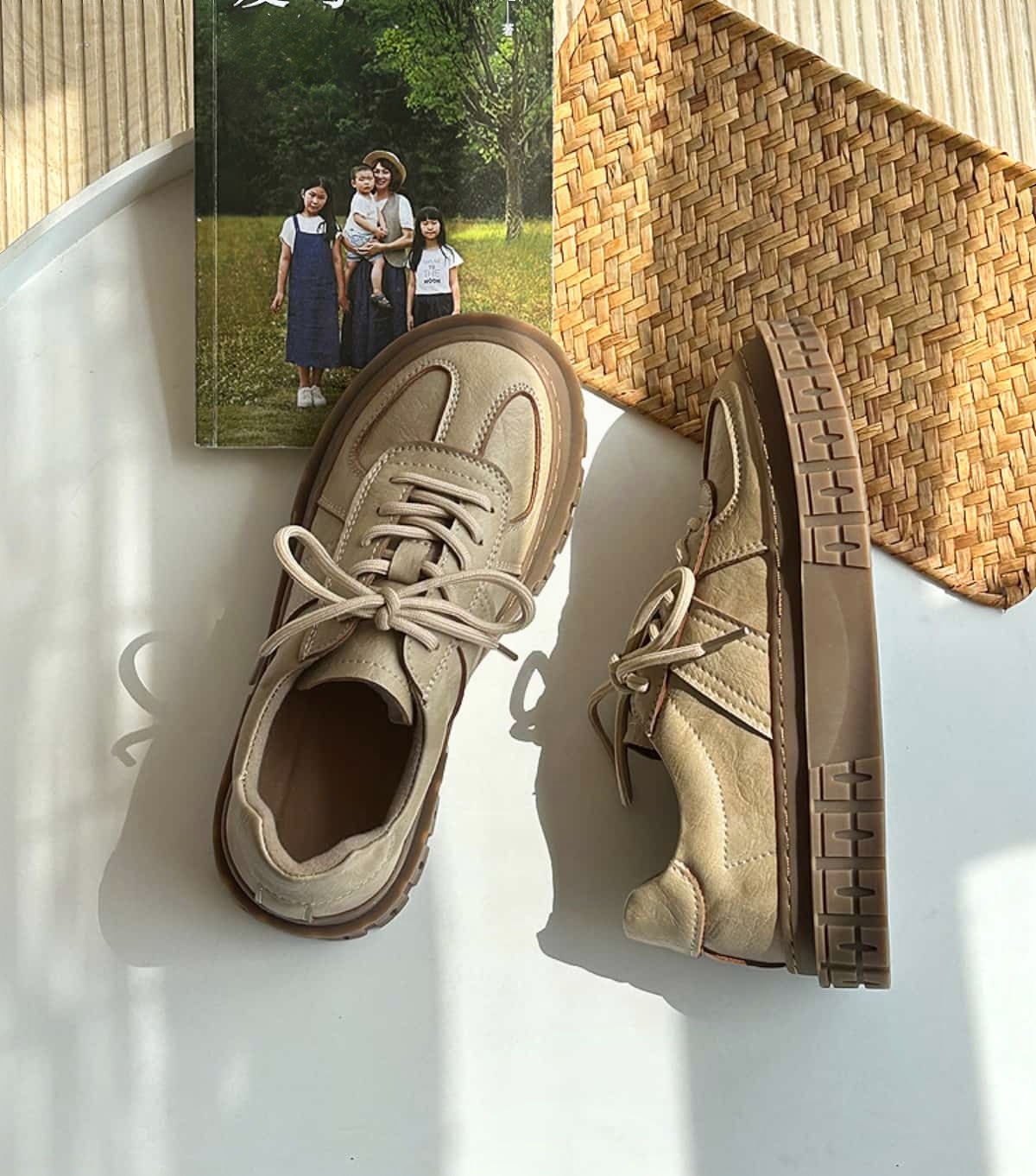 Round head lace-up thick-soled big head shoes low-top versatile small leather shoes single shoes women