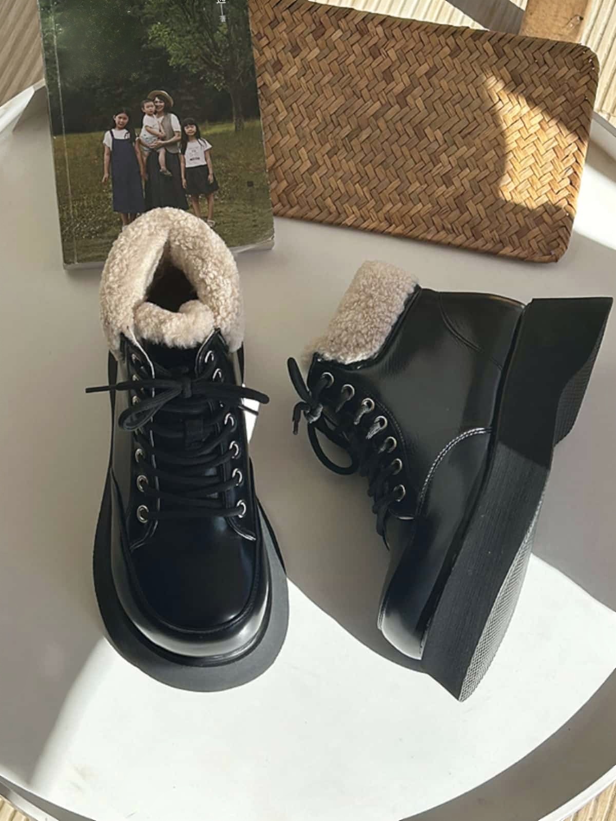 Imitation lamb wool lace-up thick-soled Martin boots winter heightening handsome black short boots