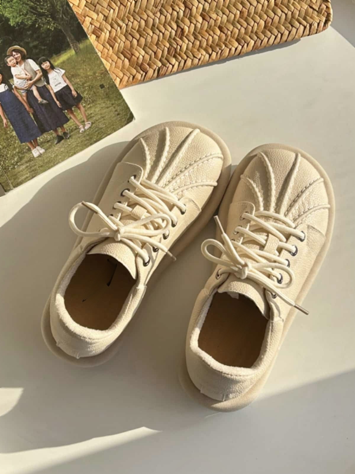 Round head lace-up flat-soled single shoes spring cream shell head comfortable soft-soled shoes