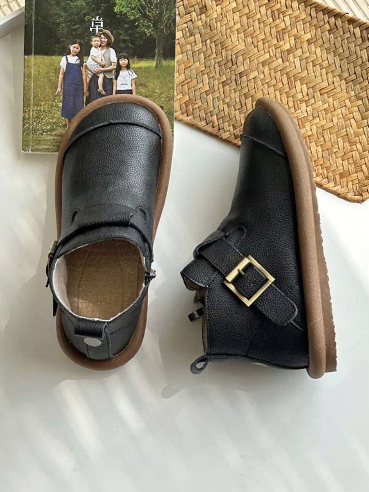 Round head flat bottom short boots new belt buckle fashionable soft sole boots