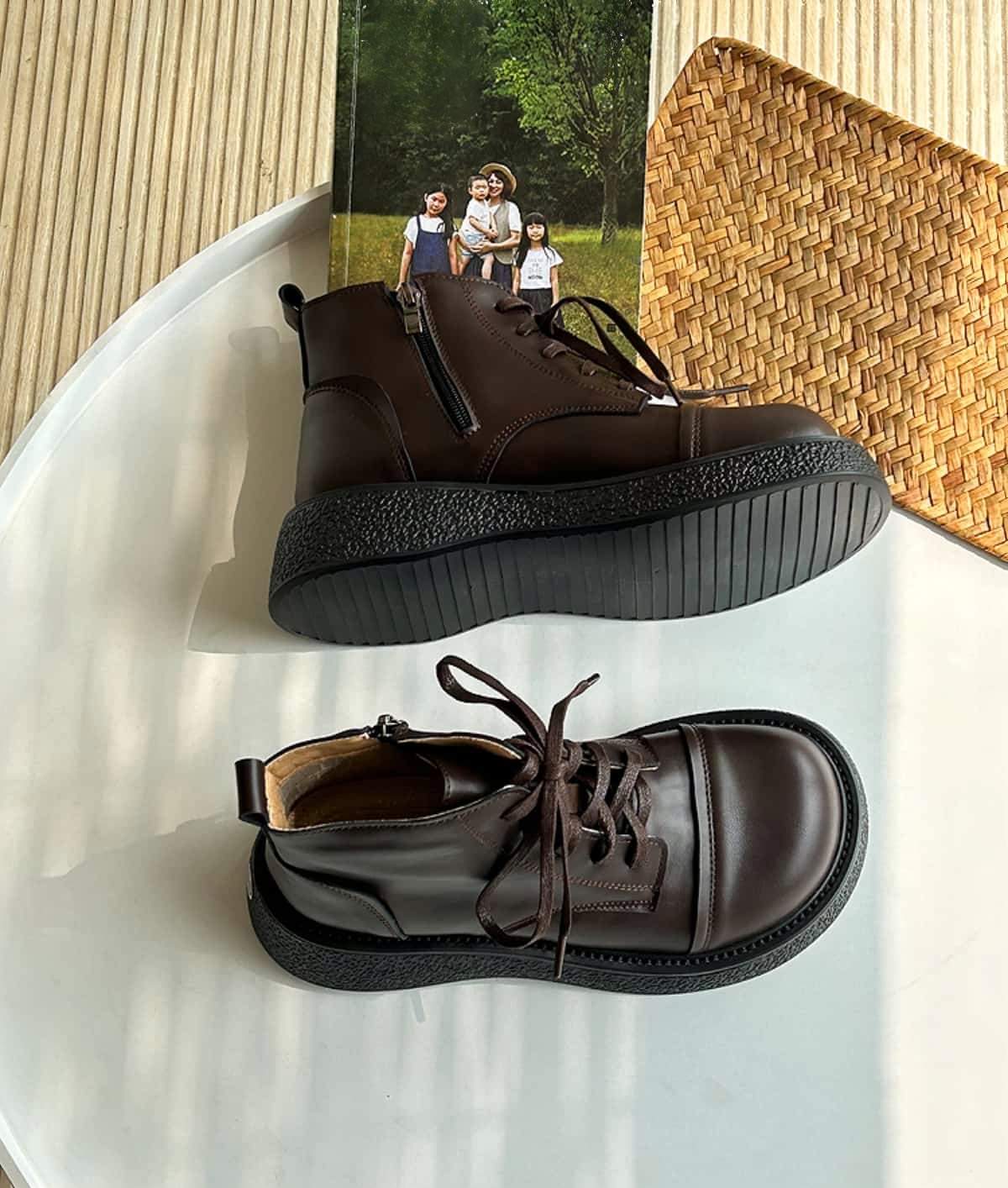 Round head lace-up thick-soled Martin boots autumn side zipper black versatile locomotive boots short boots women