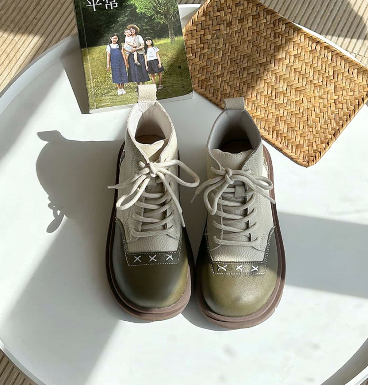 Leather round head strap-on platform Martin boots autumn fashion color matching short boots