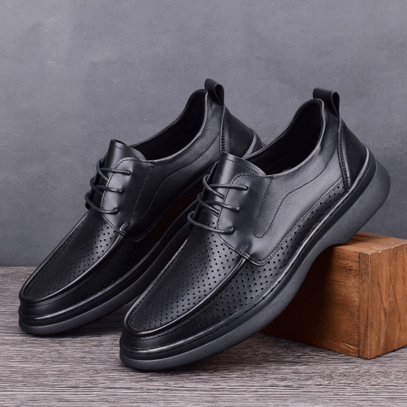 Summer men's shoes genuine leather first layer cowhide hollow punched breathable thick sole large size lace-up shock-absorbing leather shoes
