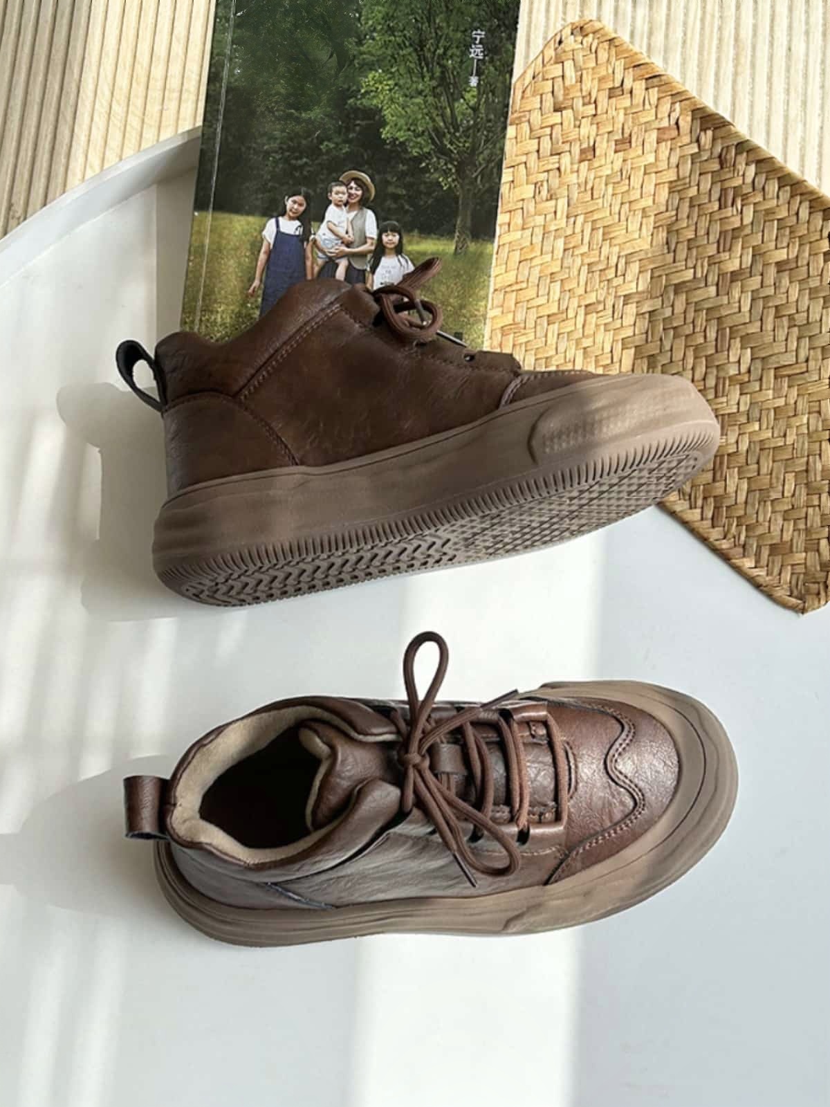 Round head lace-up platform shoes new personality versatile high-top small leather shoes women