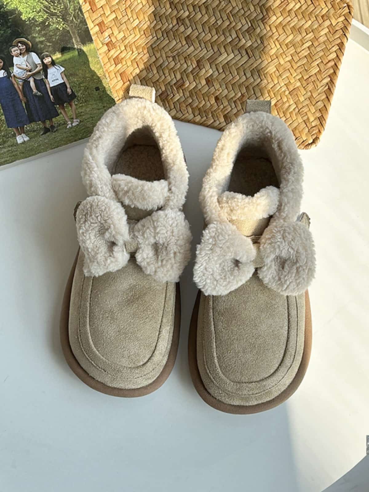 Imitation lamb wool round head flat-bottomed short boots winter cute bow soft cute snow boots