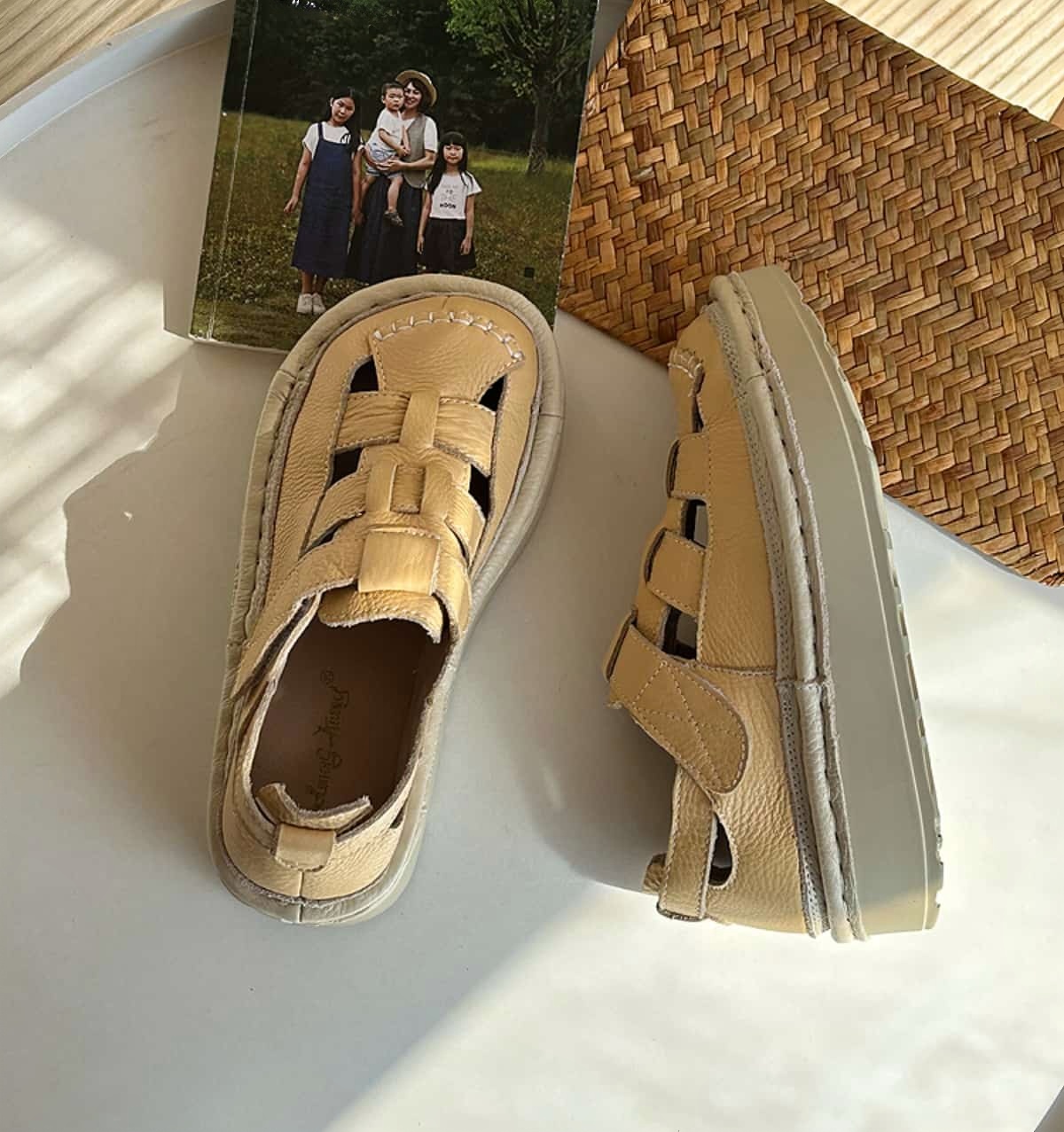 Leather wide head thick sole heightening sandals women's handmade big head shoes summer hollow breathable Roman women's shoes