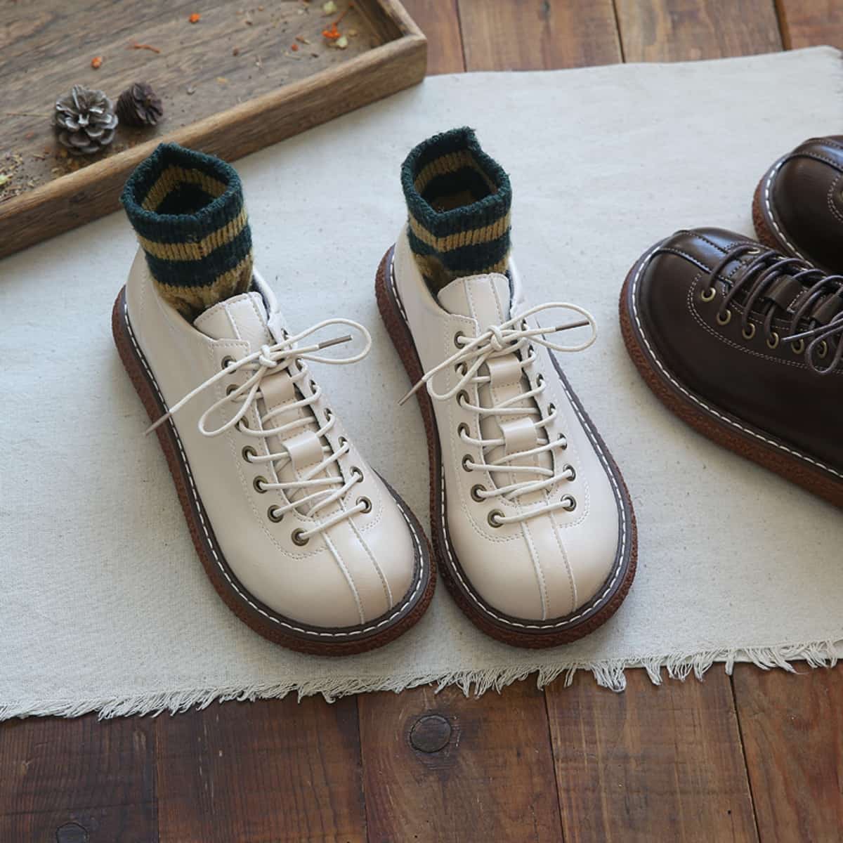 Round head lace-up thick-soled big head shoes, new early autumn versatile leather shoes, single shoes for women