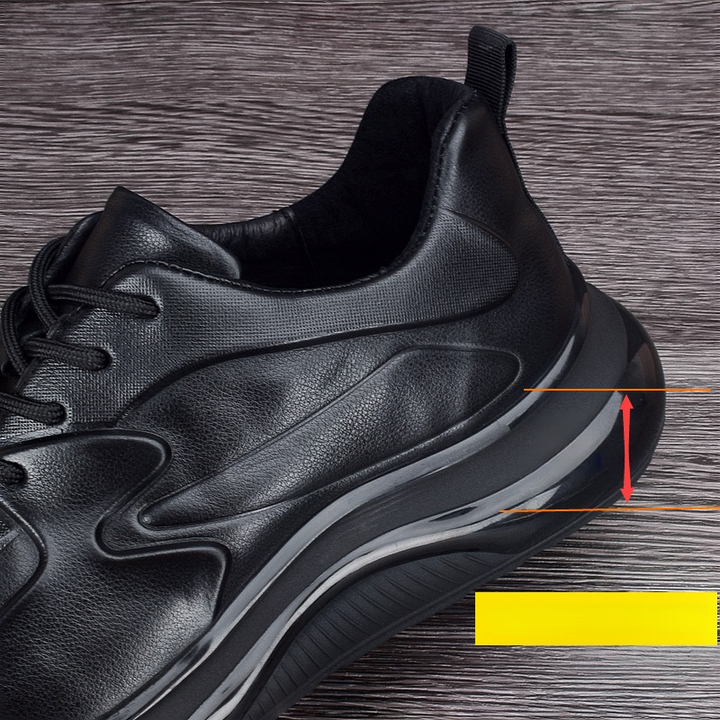 Leather thick-soled black breathable sneakers men's lace-up shock-absorbing air cushion bottom first-layer cowhide running shoes