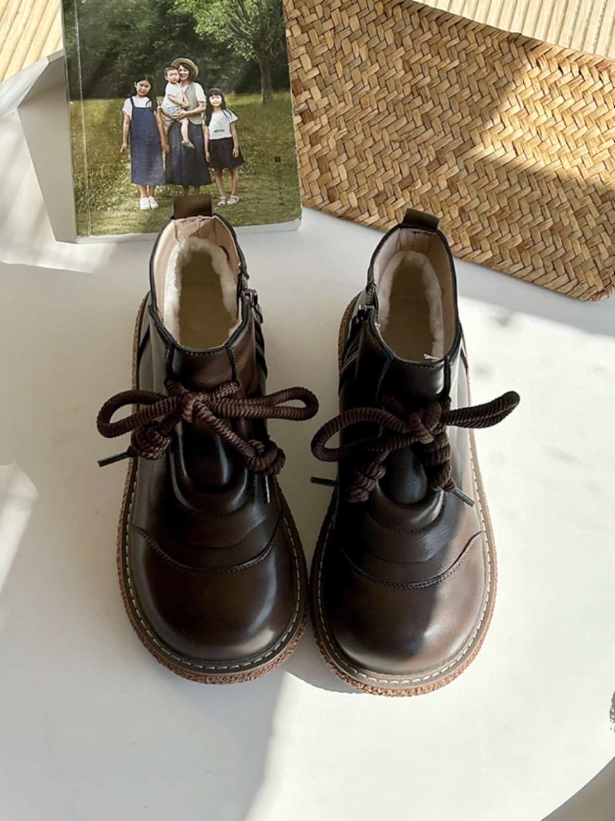 Round head lace-up platform big head shoes winter mid-heel small leather shoes short boots women