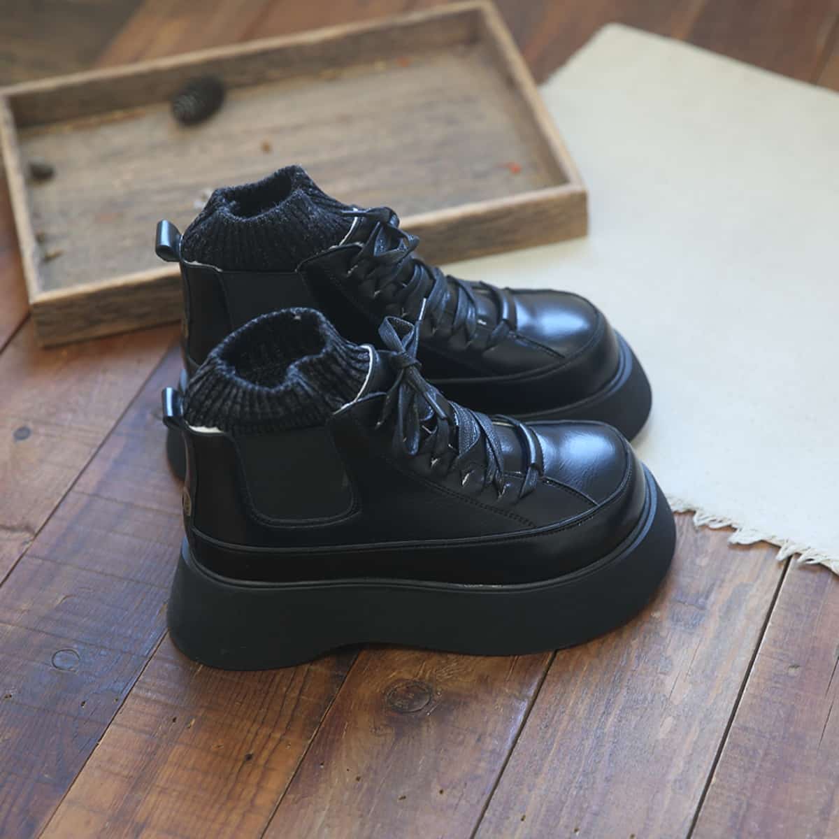 College style round head lace-up thick-soled big-head shoes winter wool mouth velvet black short boots children