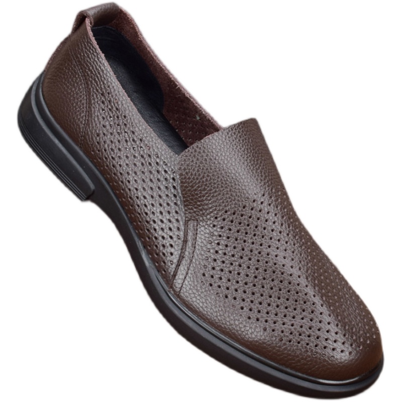 Summer breathable soft cowhide hollow leather shoes men's leather lightweight flat-bottomed hole shoes casual driving shoes