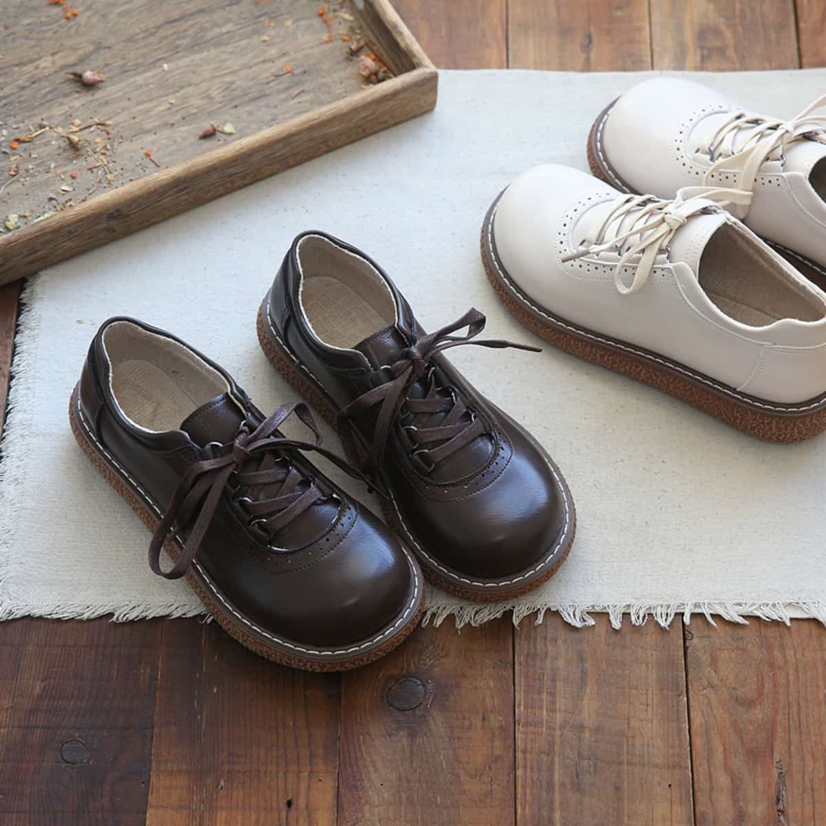 Round head lace-up thick-soled big head shoes Academy style versatile small leather shoes single shoes women