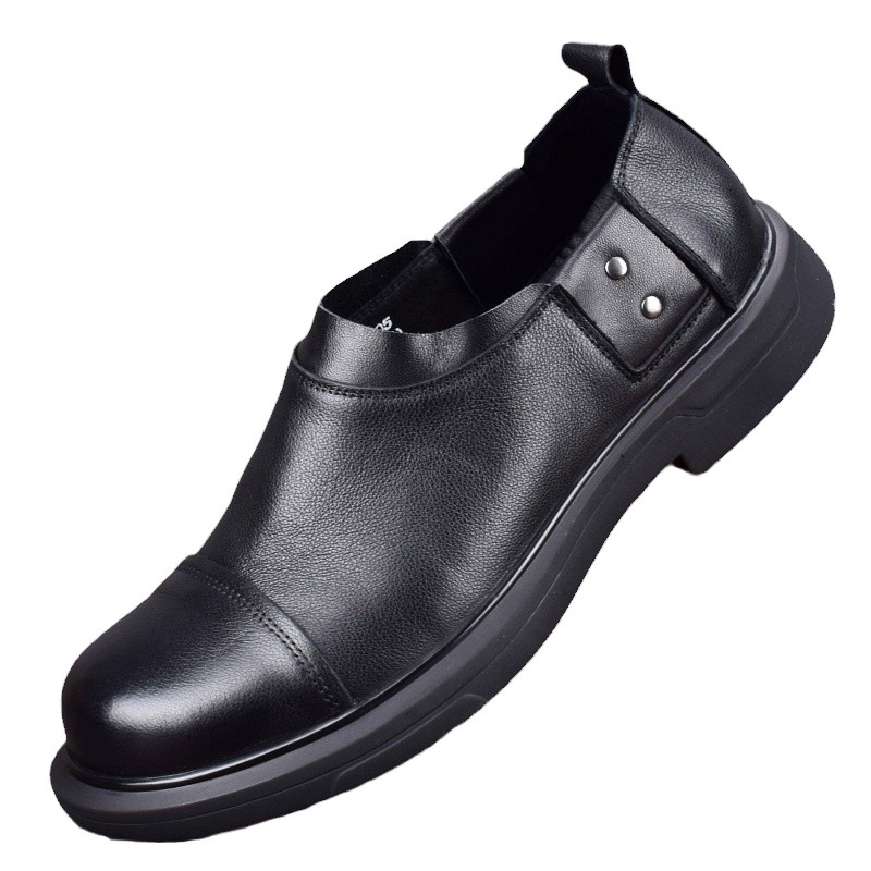 Men's shoes black first-layer cowhide round head leather shoes men's genuine leather breathable trendy shoes personalized business blue big head 