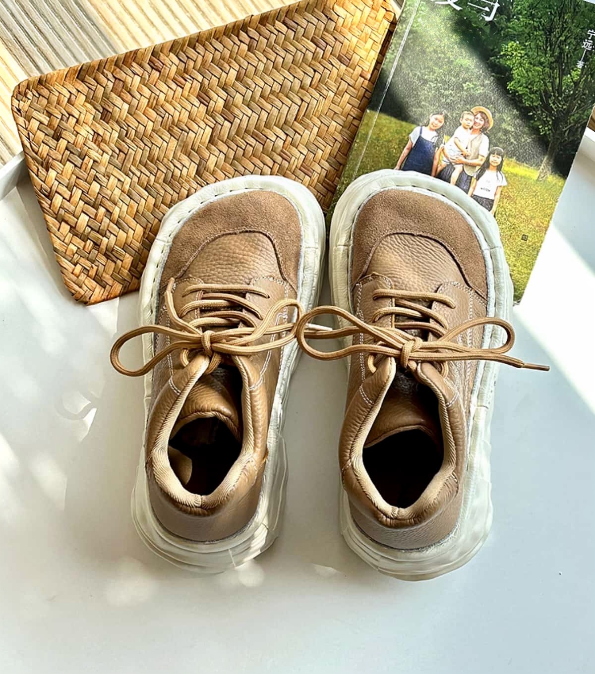 Leather round head lace-up platform big head shoes high top shoes short boots women