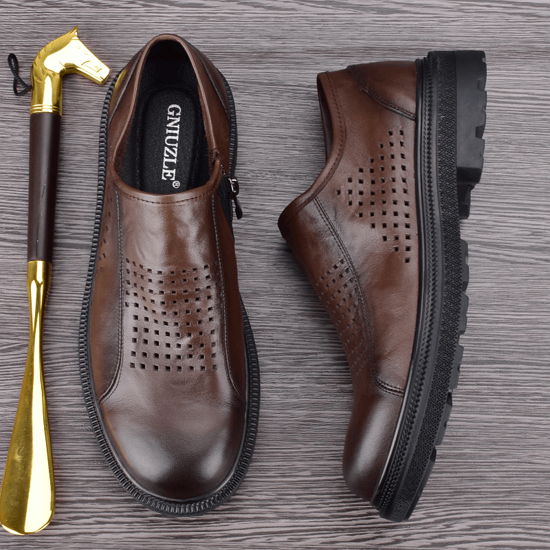 Breathable summer hollow men's casual leather shoes leather platform zipper youth versatile business shoes