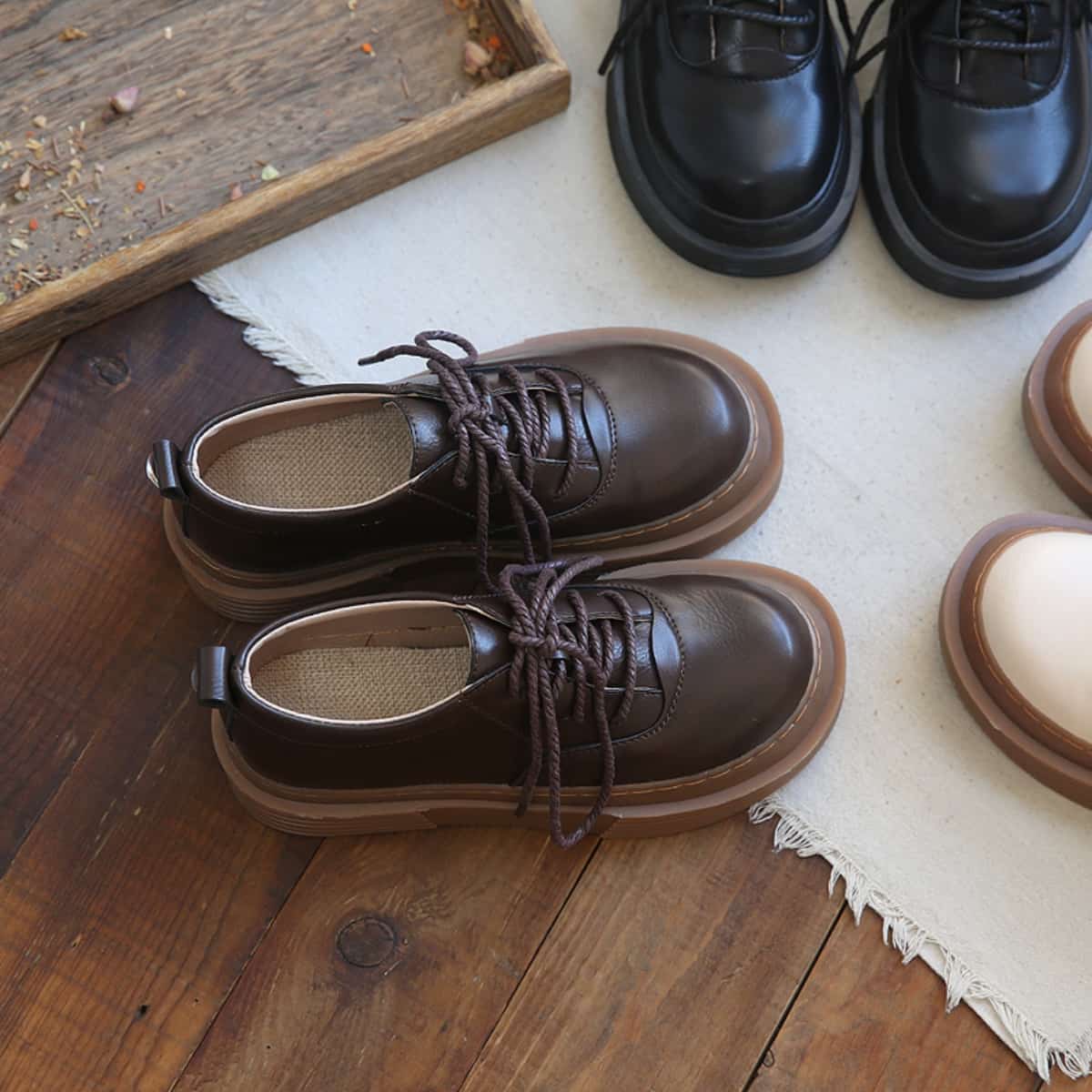 Glossy round head lace-up thick-soled big head shoes deep mouth versatile small leather shoes single shoes