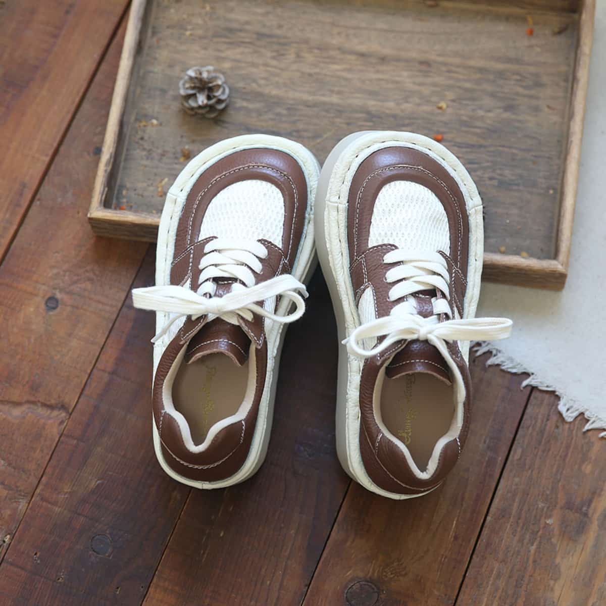 Leather mesh round head lace-up thick-soled big head shoes summer breathable muffin sole single shoes