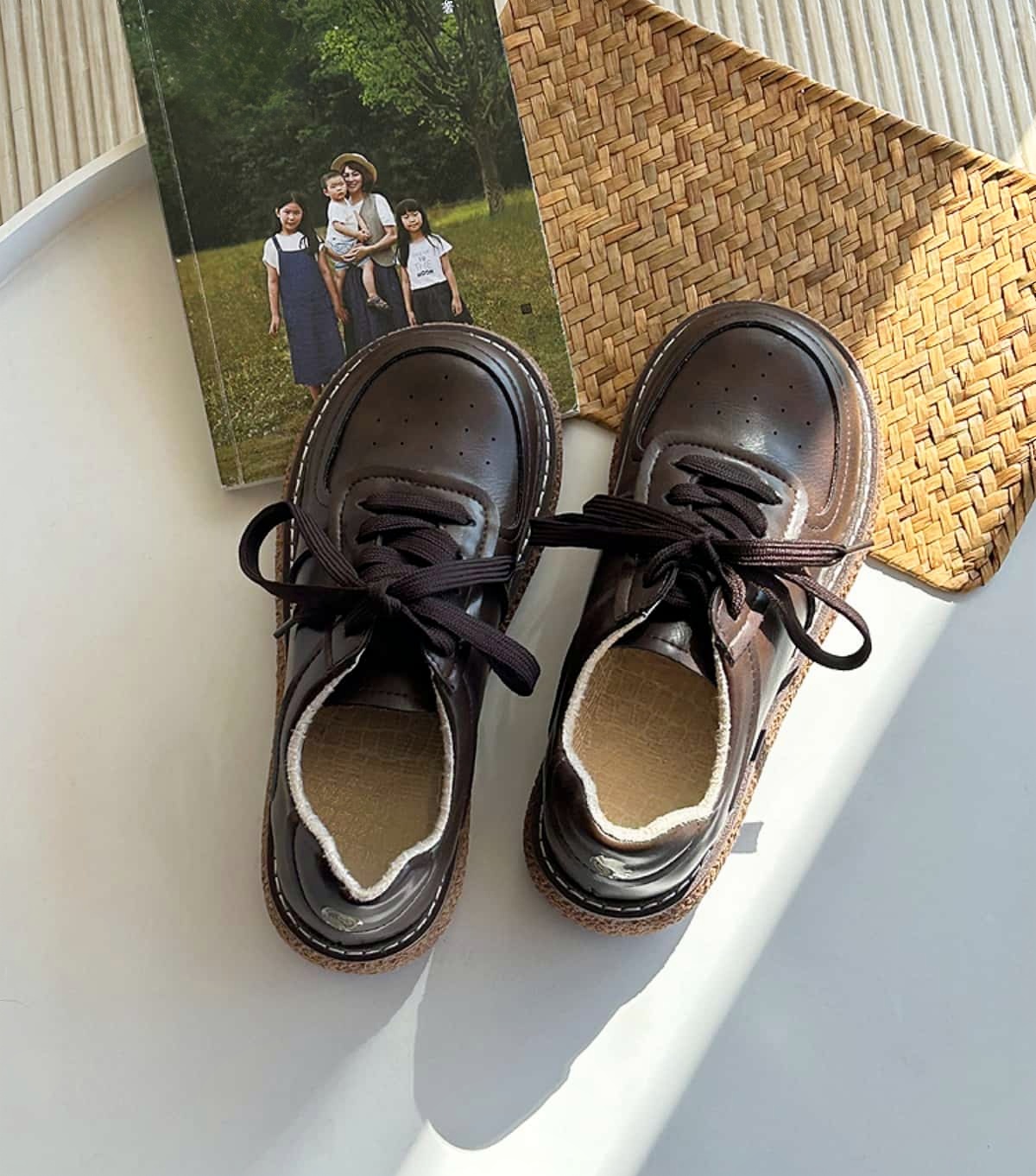 Round head lace-up thick-soled big head shoes autumn new black versatile small leather shoes single shoes