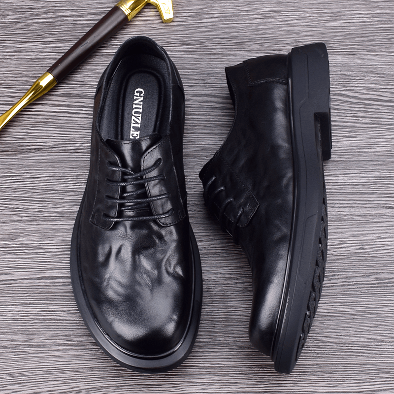 Leather Fashion Breathable Shock Absorption Thick-soled Round Head Casual Leather Shoes Soft Leather Versatile Men's Business Shoes
