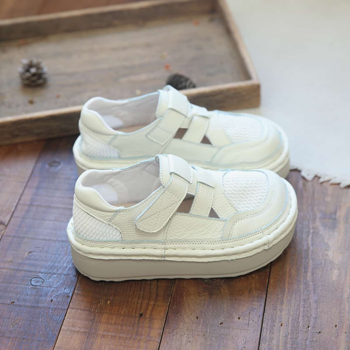 Leather hollow mesh round head thick sole big head shoes summer muffin bottom Roman sandals