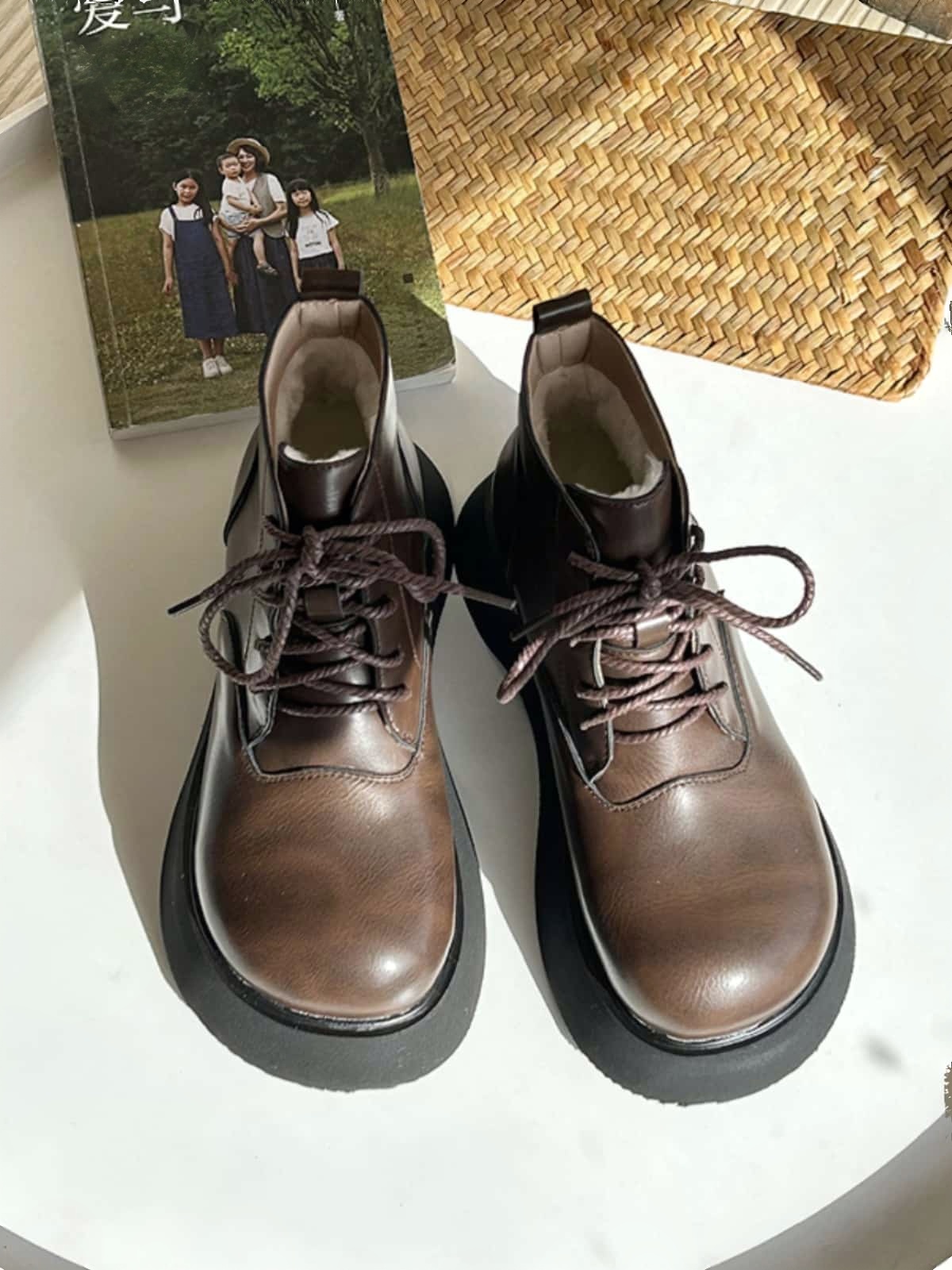 Round head lace-up thick-soled Martin boots winter velvet fashion heightening small leather shoes short boots