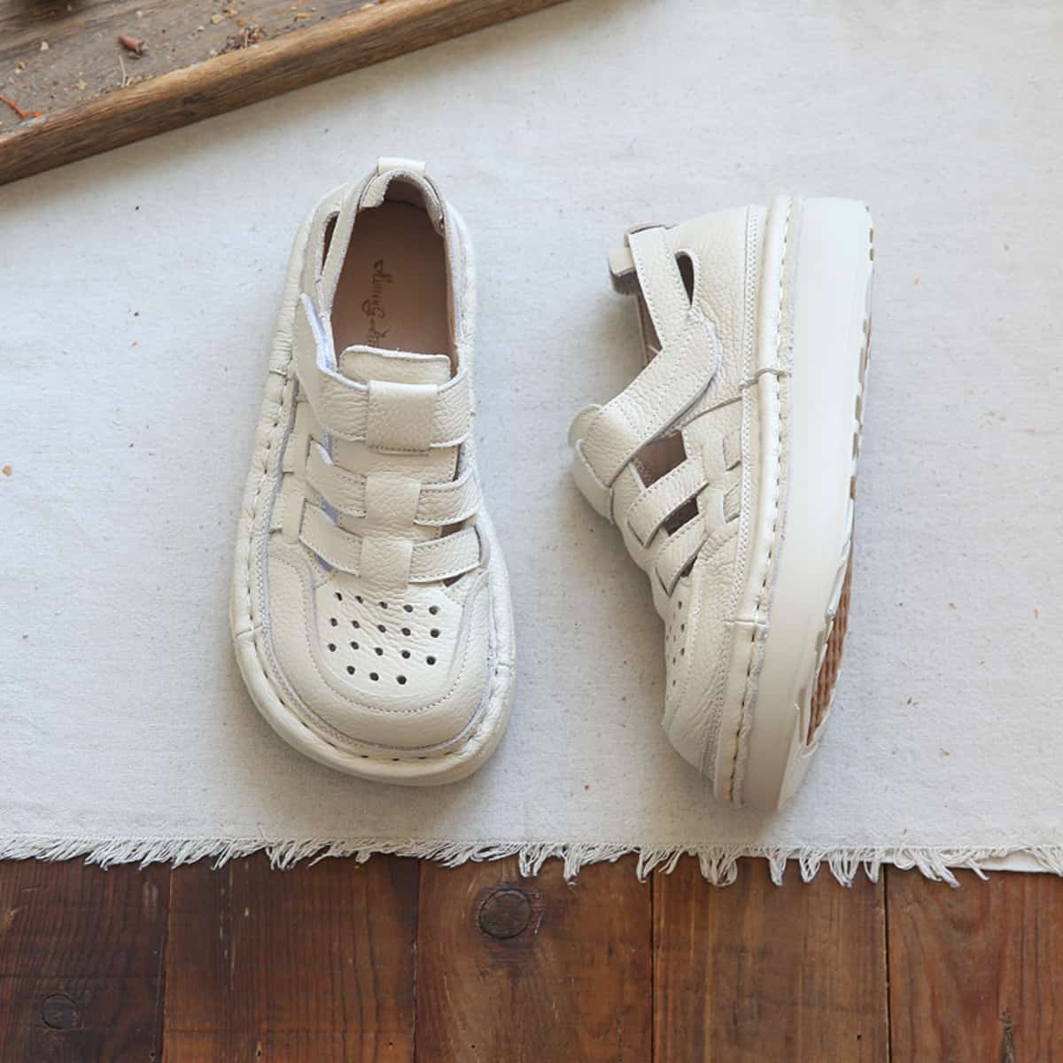 Leather hollow round head platform big head shoes summer middle heel Roman sandals