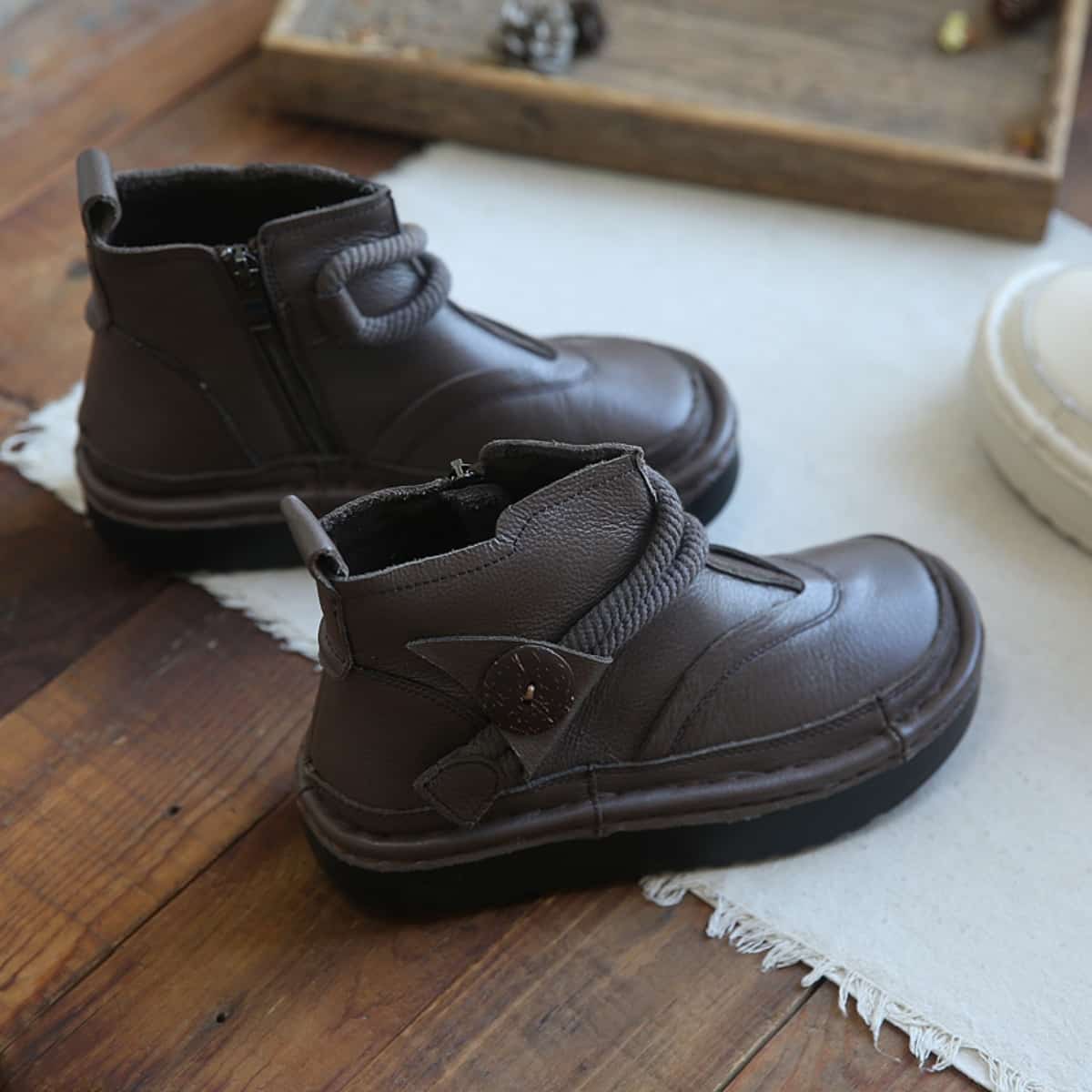 Leather Round Head Platform Big Head Shoes Button Short Boots Martin Boots Children