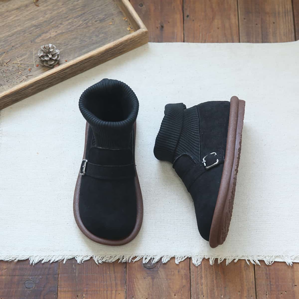 Suede round head flat shoes autumn and winter fleece comfortable low-heeled elastic socks boots short boots