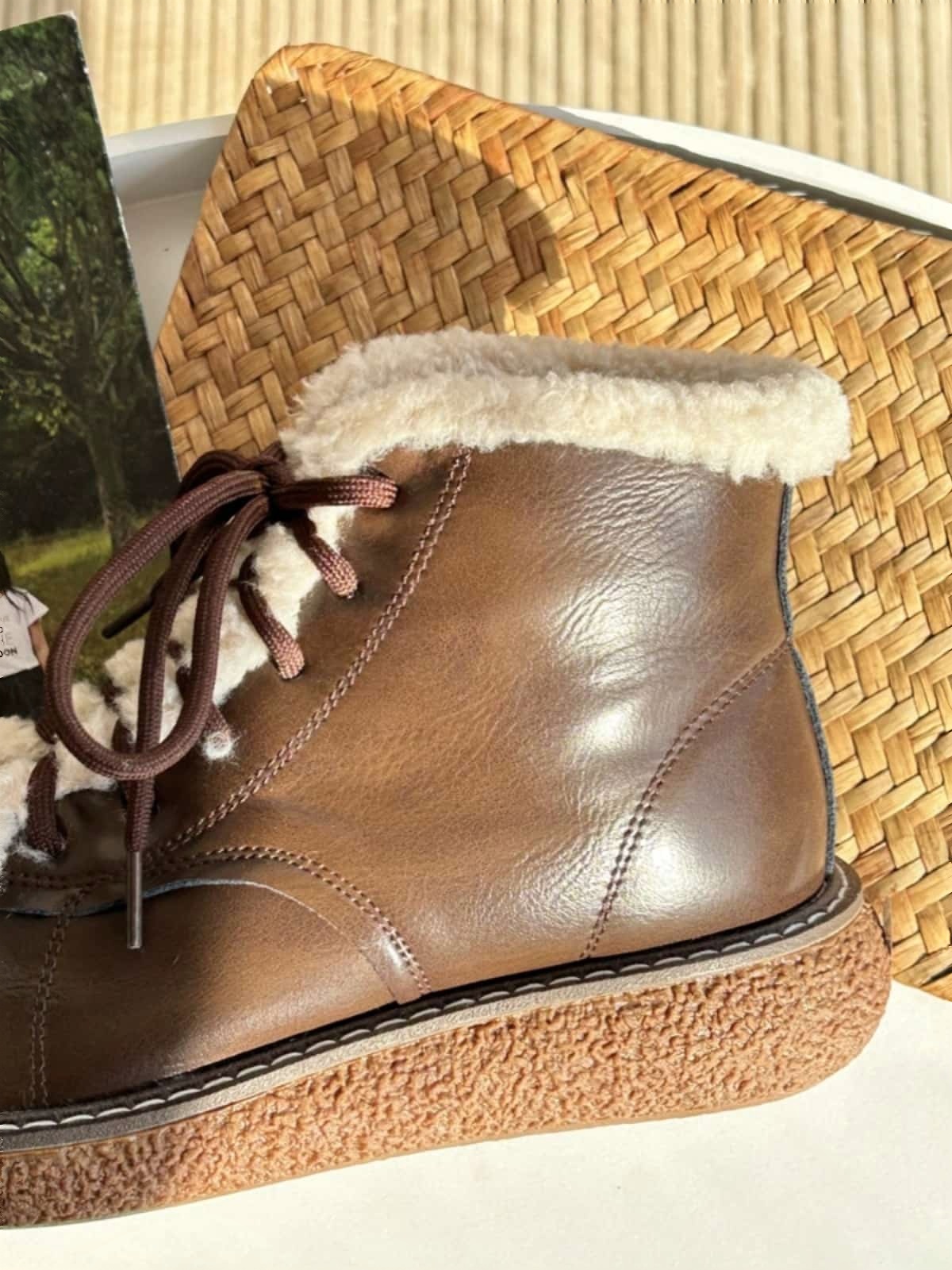 Imitation lamb wool round head thickness big head shoes winter lace-up warm small leather shoes short boots