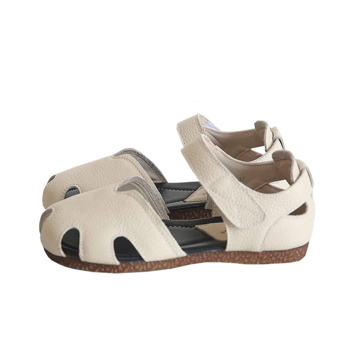 Leather hollow bag head flats summer comfortable word with low heel sandals women