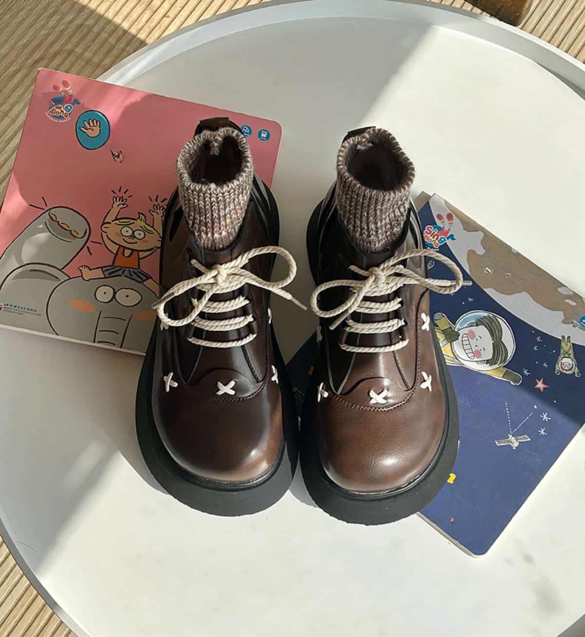 Round head lace-up thick-soled big head shoes winter wool mouth soft cute black small leather shoes Martin boots women