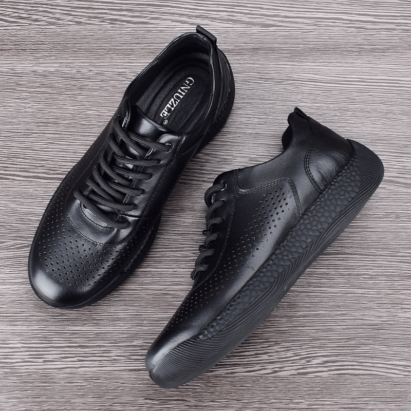 Summer leather breathable hollow first layer cowhide men's sports shoes thick sole lightweight casual running shoes