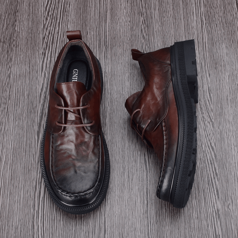 Men's casual leather shoes round head versatile breathable leather thick sole youth trend business casual shoes men's large size