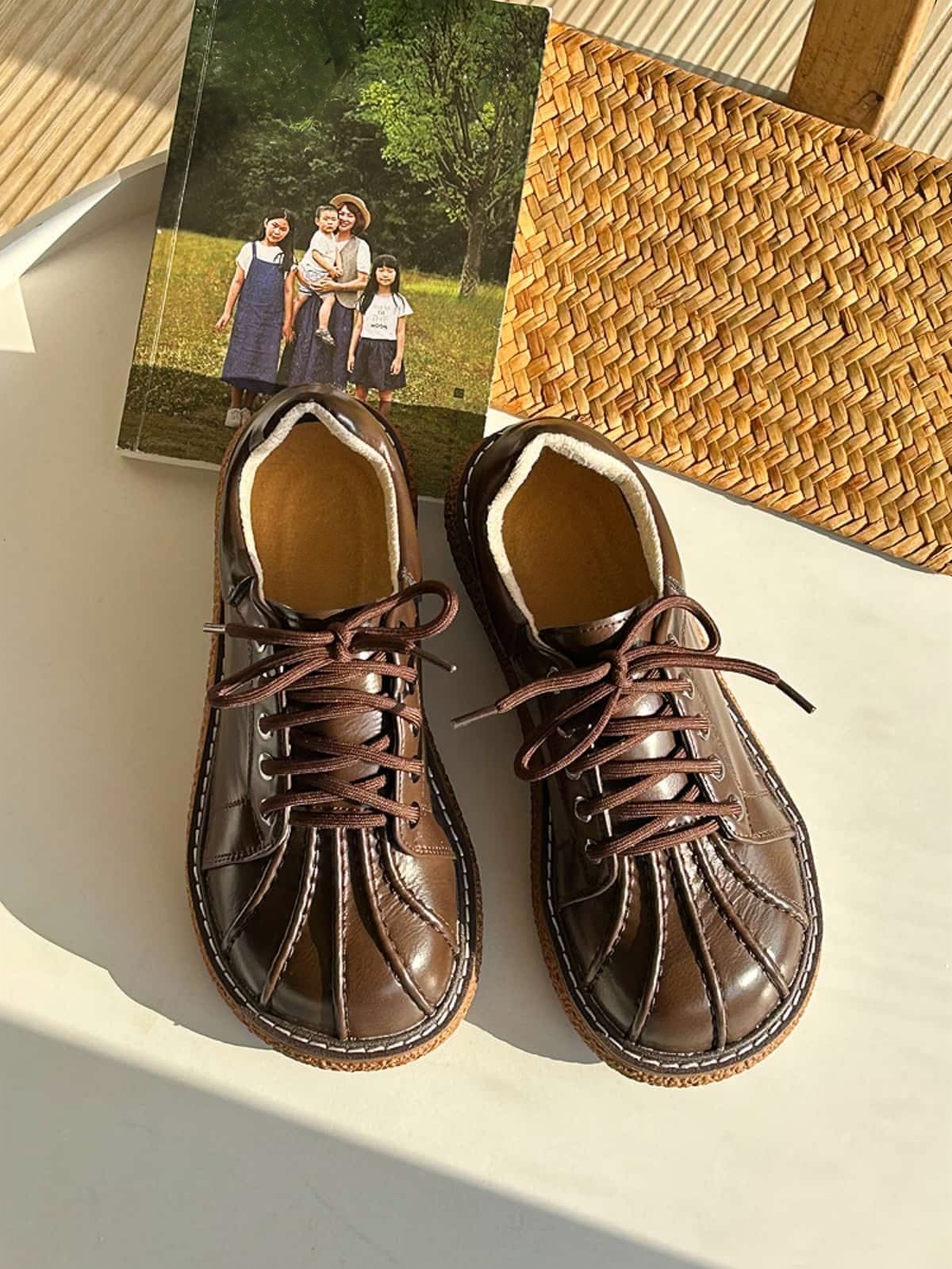 Round head lace-up platform big head shoes fashionable shell head brown small leather shoes