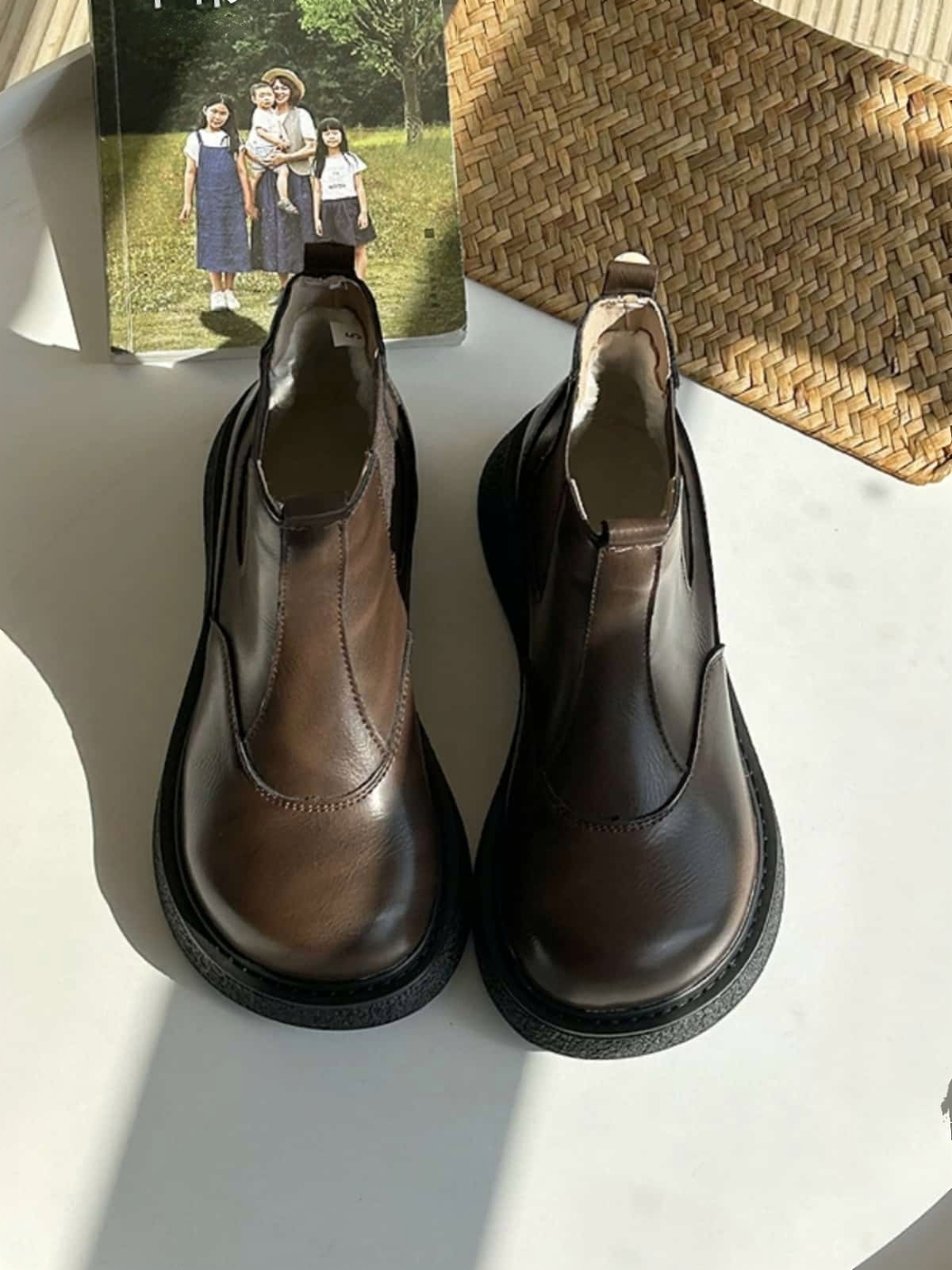 Round head platform big head shoes autumn and winter velvet black medium heel  boots short boots