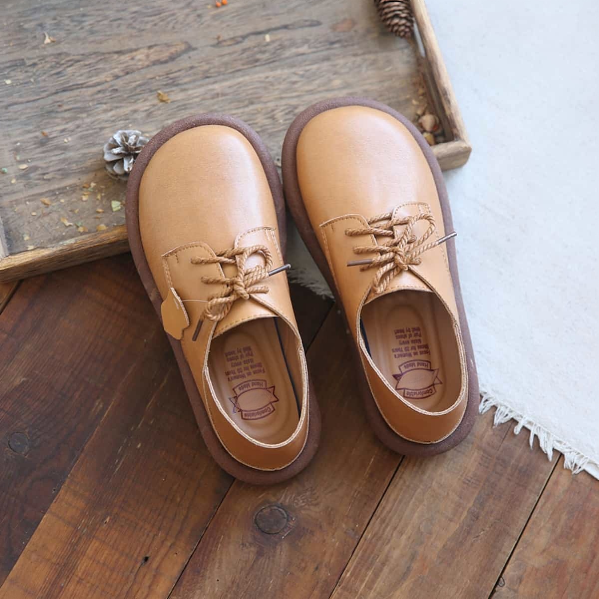 Leather round head lace-up flats, new comfortable small leather shoes, single shoes