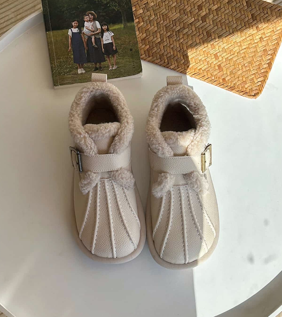 Imitation lamb wool round head flat-bottomed short boots winter cute belt buckle beige snow boots