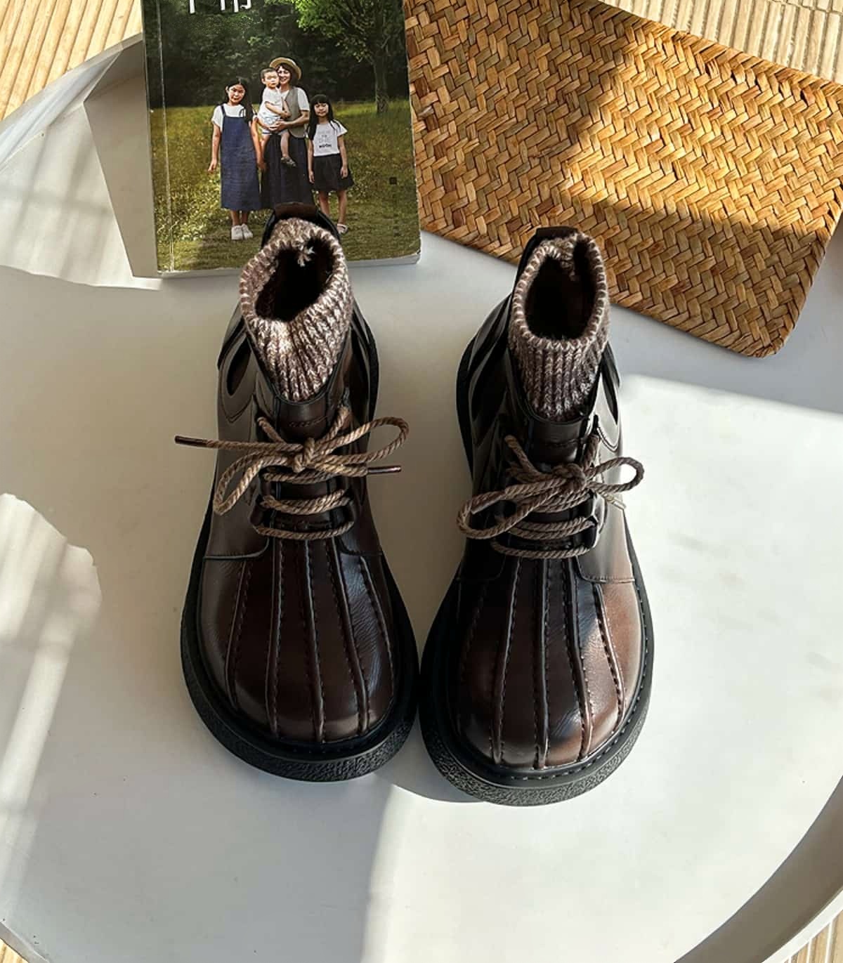 Round head lace-up thick-soled big head shoes autumn and winter wool mouth medium heel small leather shoes short boots